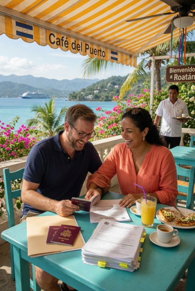 Expat couple reviewing visa documents at a sunny café in Honduras with mountains and ocean in the background
