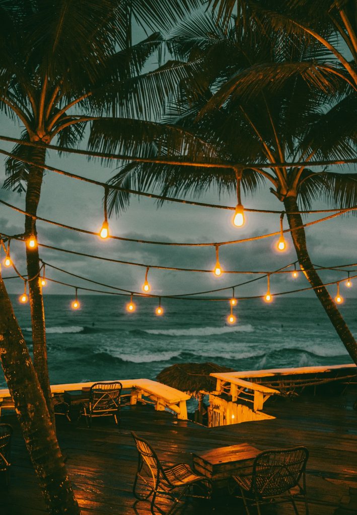 Tropical palm trees and ocean at dusk in Roatan Honduras